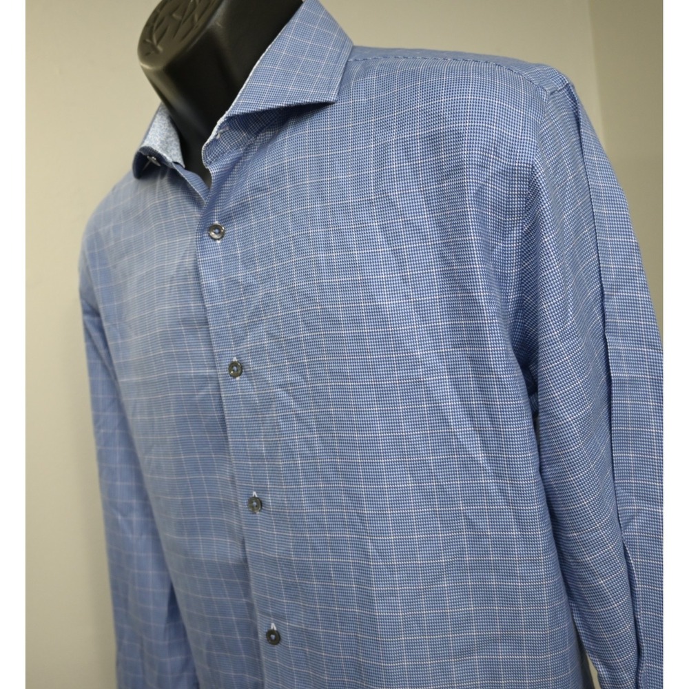 Bugatchi Uomo Dress Shirt Blue Plaid Long Sleeve Button Up Mens 16 34/35 Large